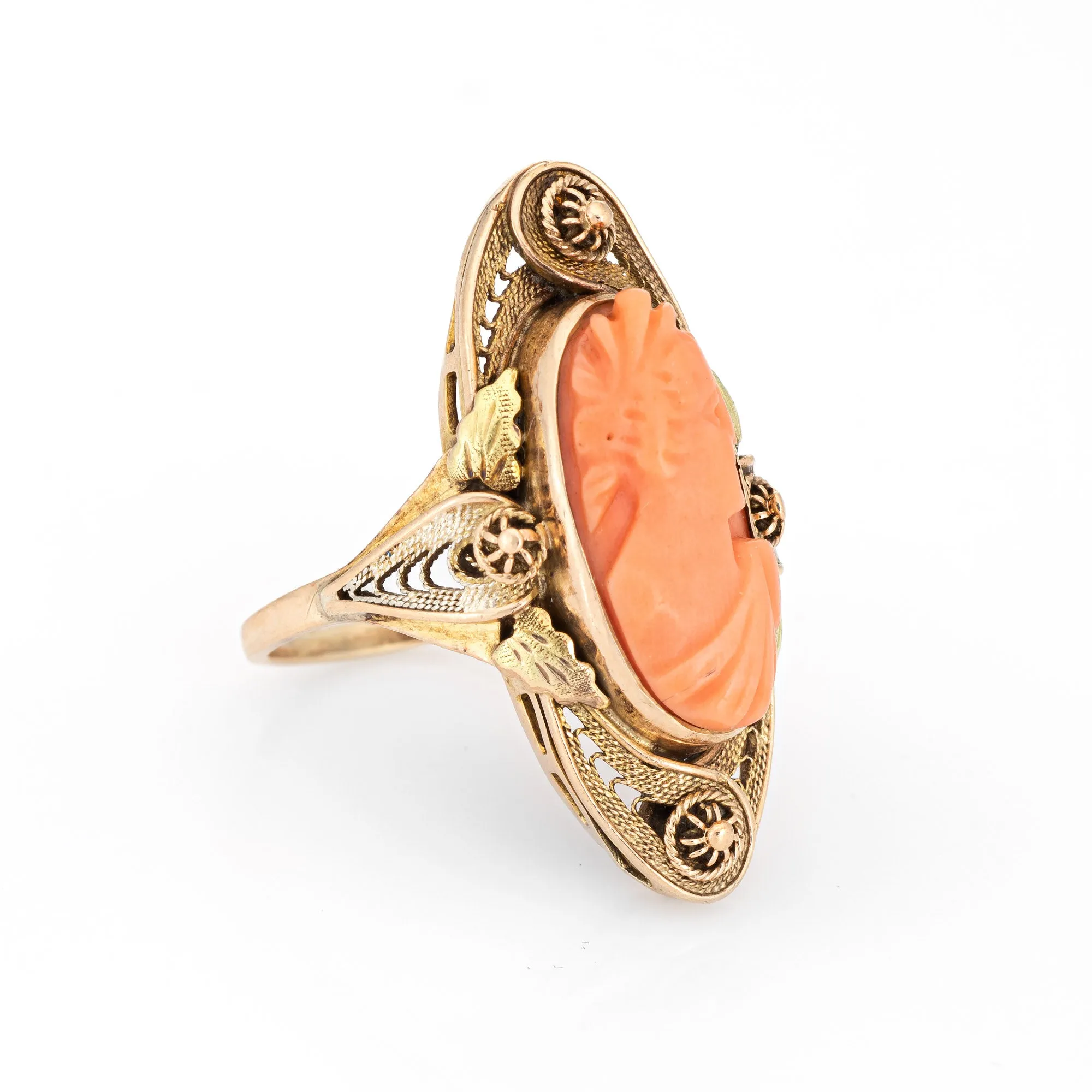 Antique Victorian Carved Cameo Ring 10k Yellow Gold Cannetille Jewelry Vintage
