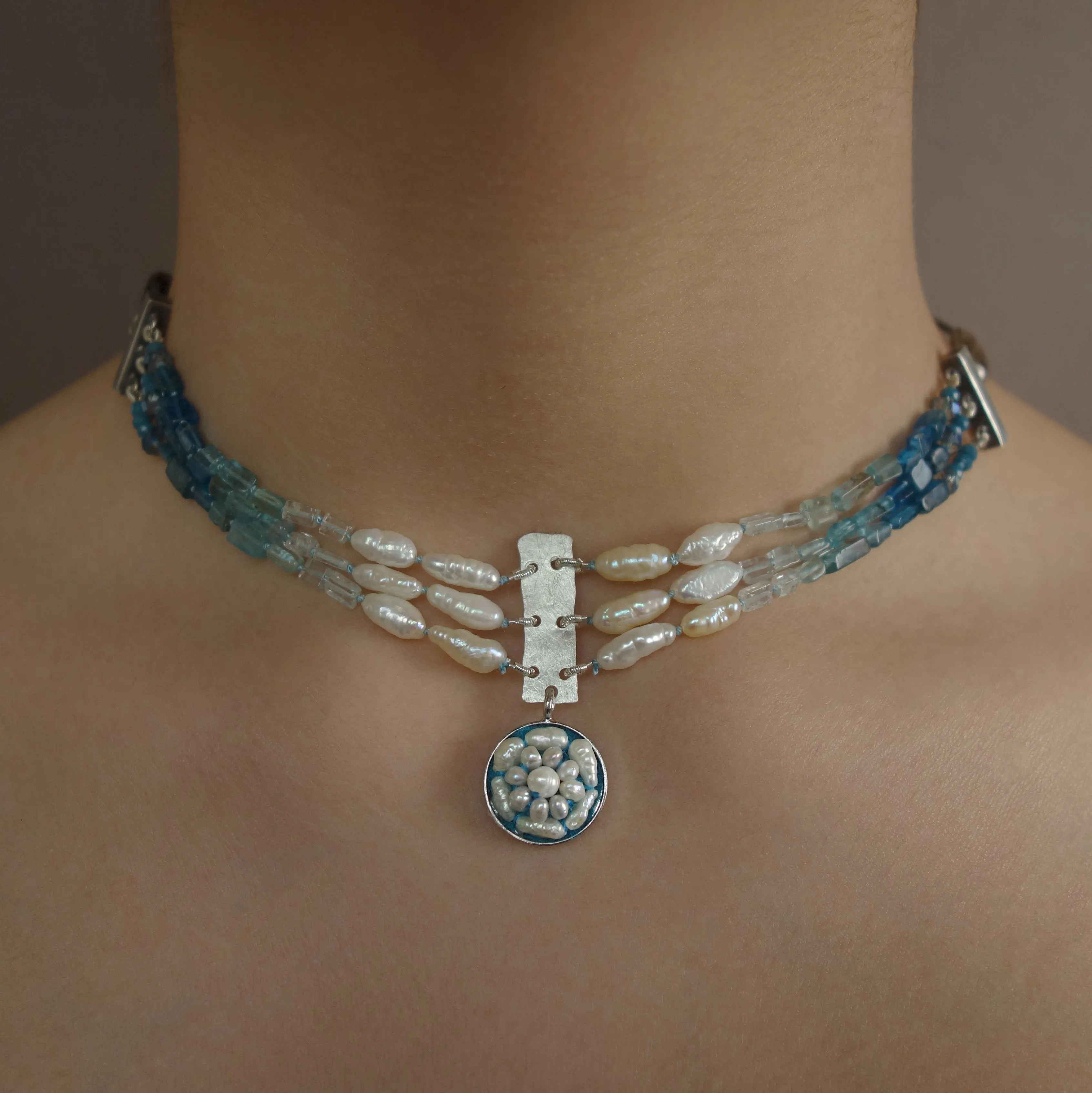 Aphrodite's Sea (pearl, aquamarine, and apatite) necklace