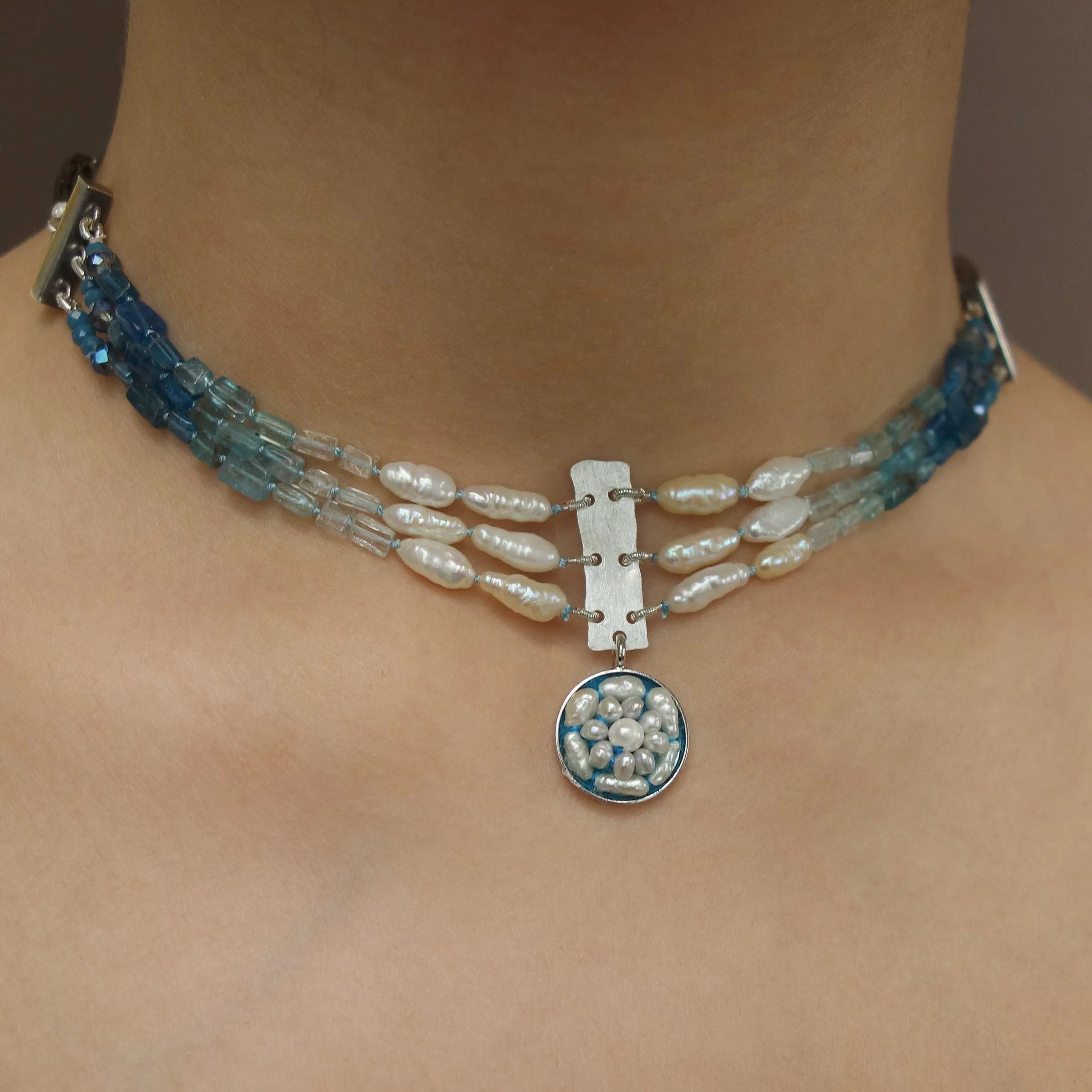 Aphrodite's Sea (pearl, aquamarine, and apatite) necklace
