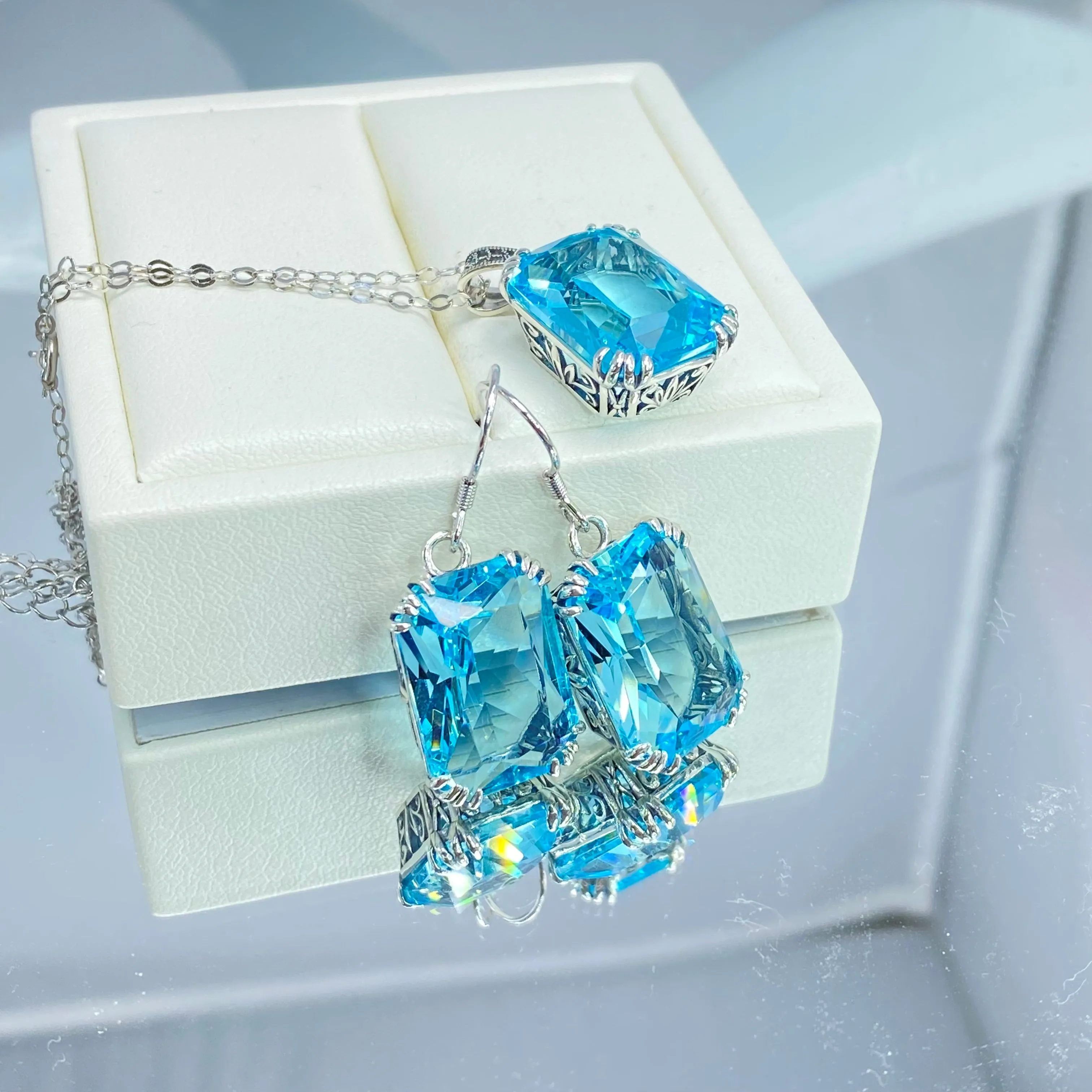Aquamarine Jewelry Set, Rectangle Art Nouveau Ensemble includes Earrings & Pendant #S109