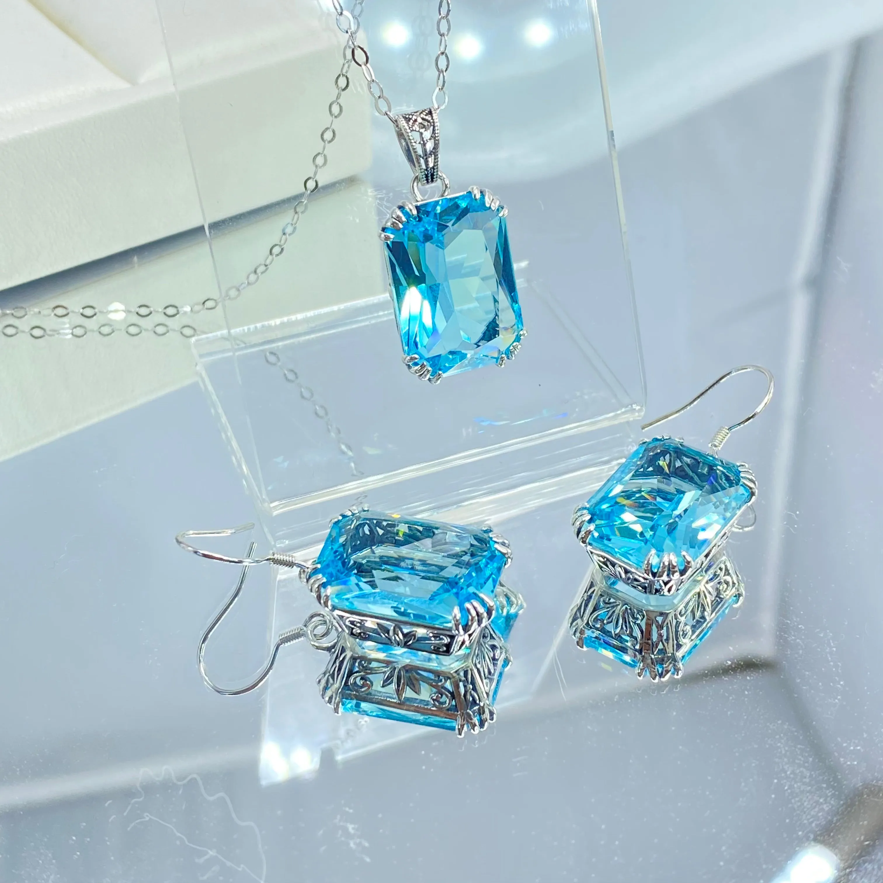 Aquamarine Jewelry Set, Rectangle Art Nouveau Ensemble includes Earrings & Pendant #S109