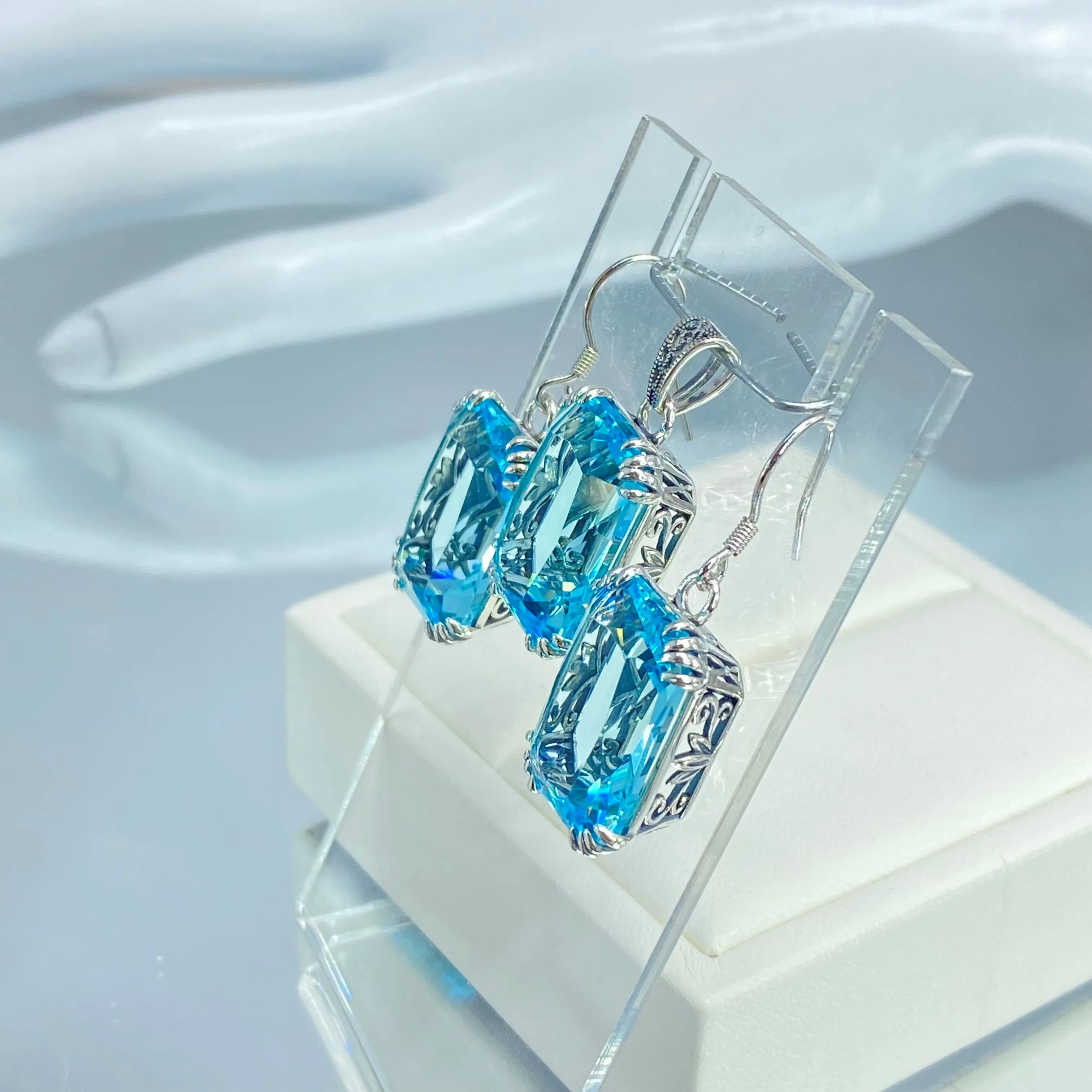 Aquamarine Jewelry Set, Rectangle Art Nouveau Ensemble includes Earrings & Pendant #S109