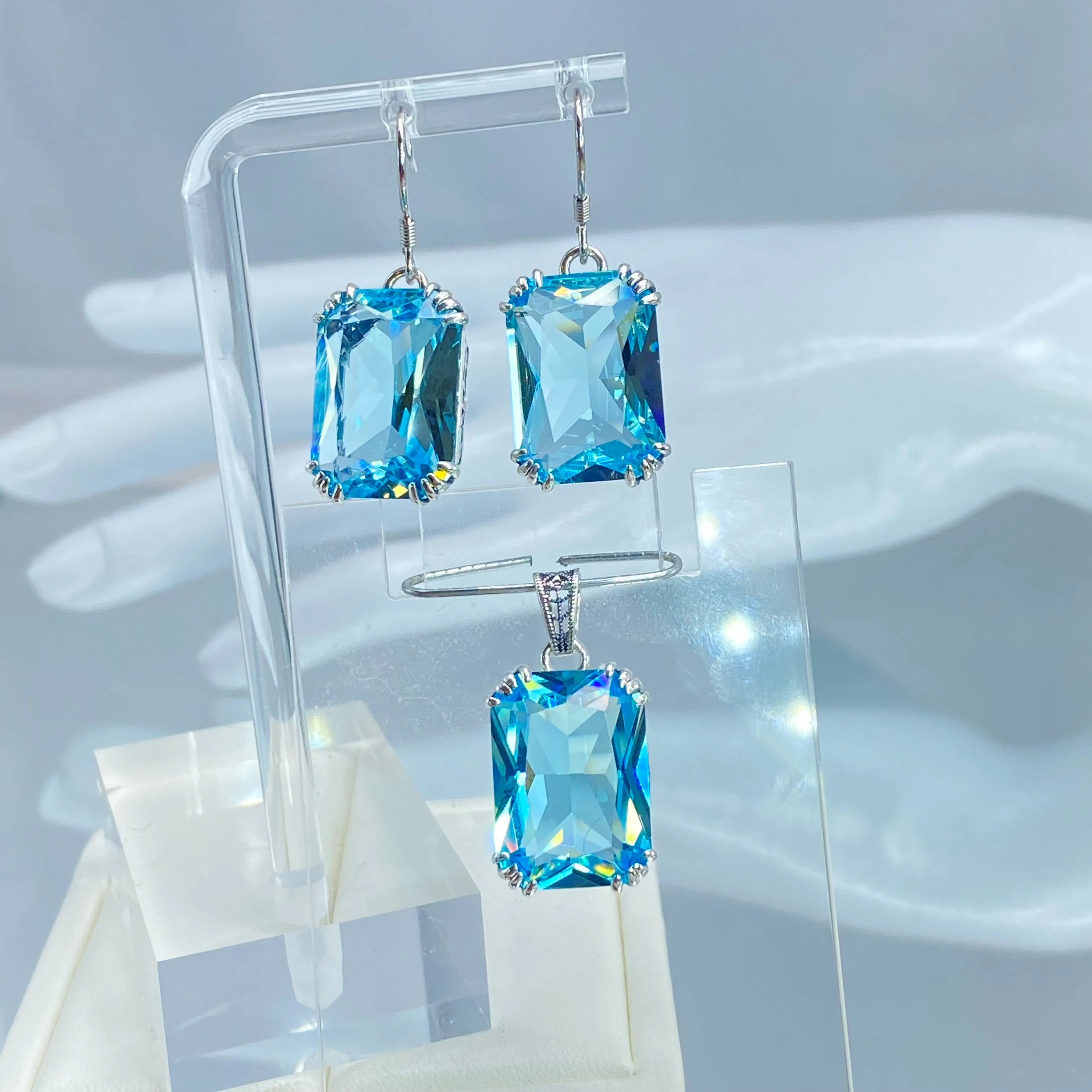 Aquamarine Jewelry Set, Rectangle Art Nouveau Ensemble includes Earrings & Pendant #S109