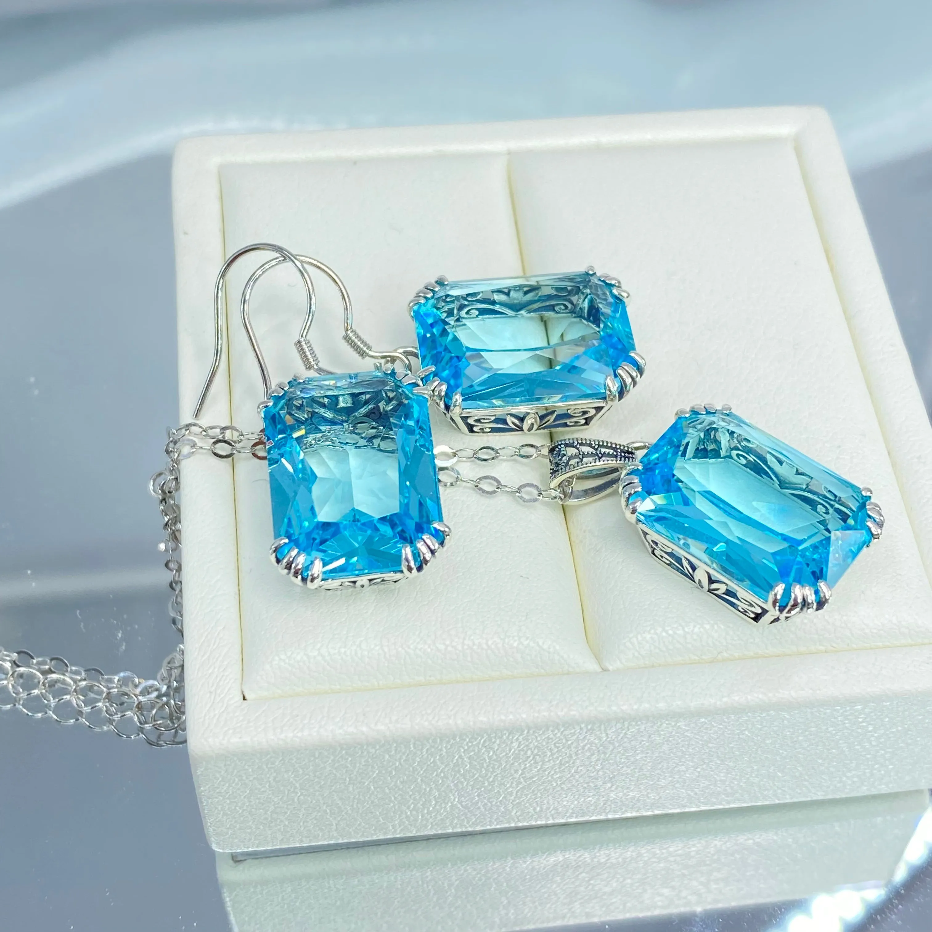 Aquamarine Jewelry Set, Rectangle Art Nouveau Ensemble includes Earrings & Pendant #S109