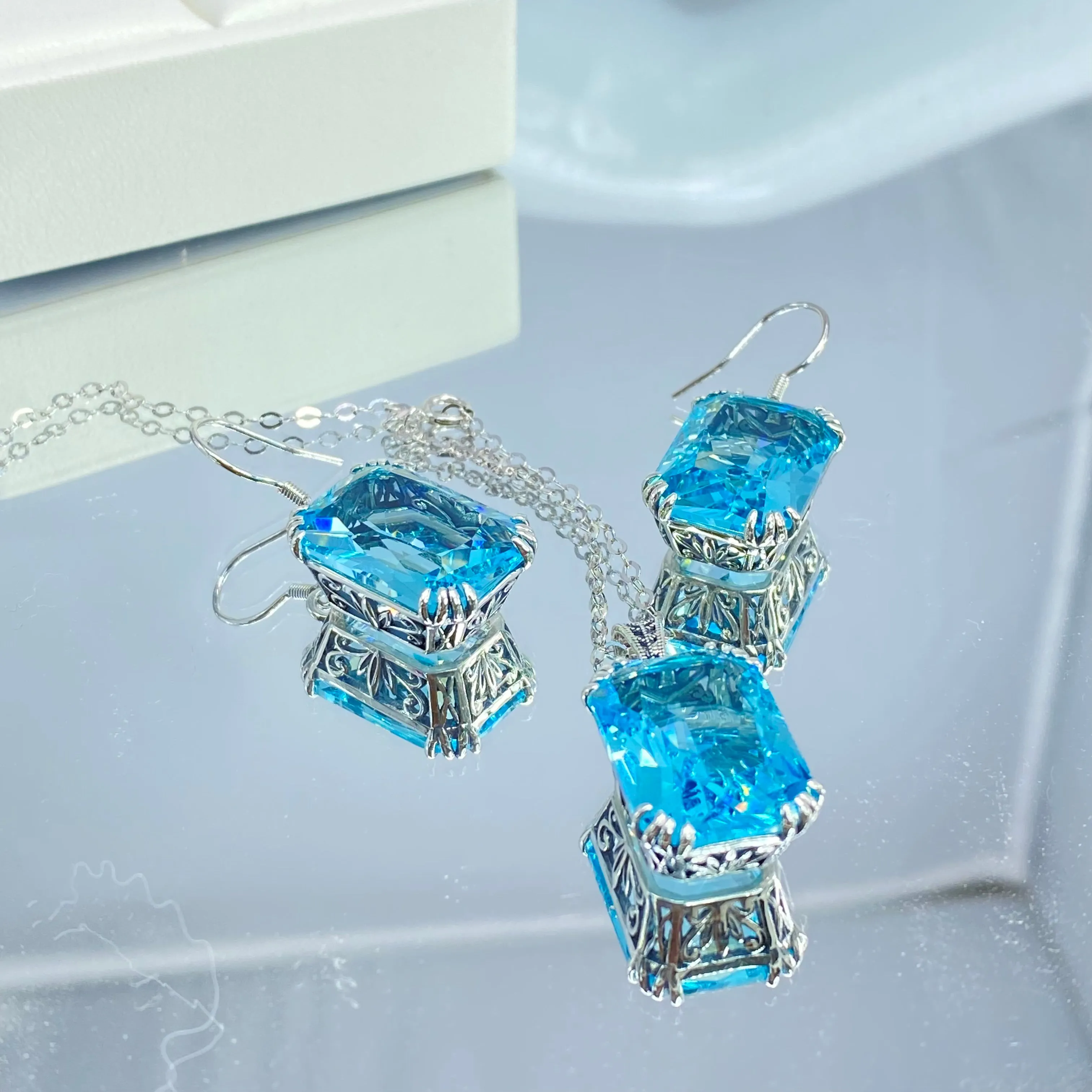 Aquamarine Jewelry Set, Rectangle Art Nouveau Ensemble includes Earrings & Pendant #S109