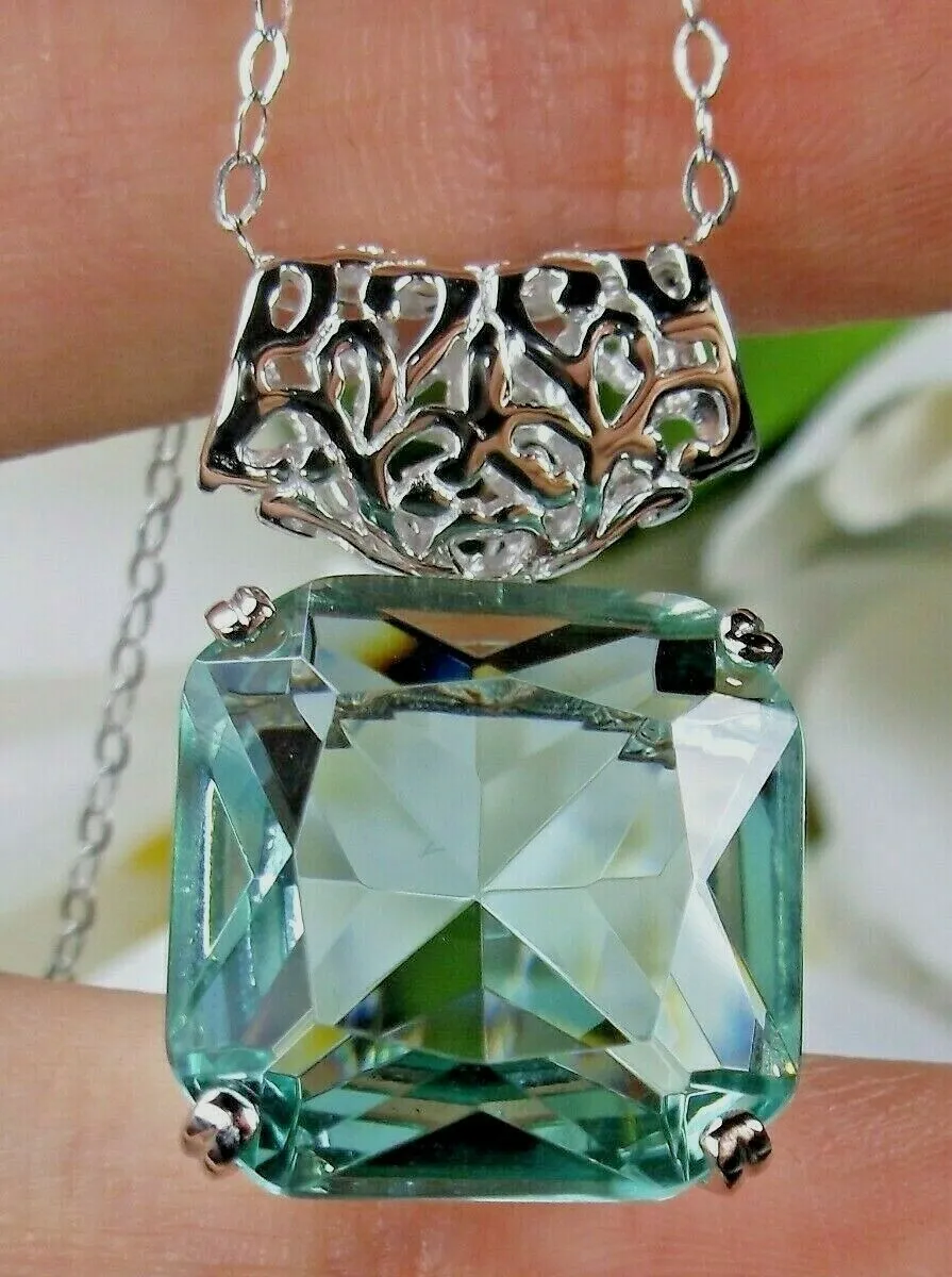 Aquamarine Pendant, Square Gem, Sterling Silver Art Deco Jewelry #P1