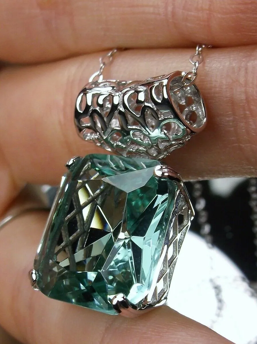 Aquamarine Pendant, Square Gem, Sterling Silver Art Deco Jewelry #P1