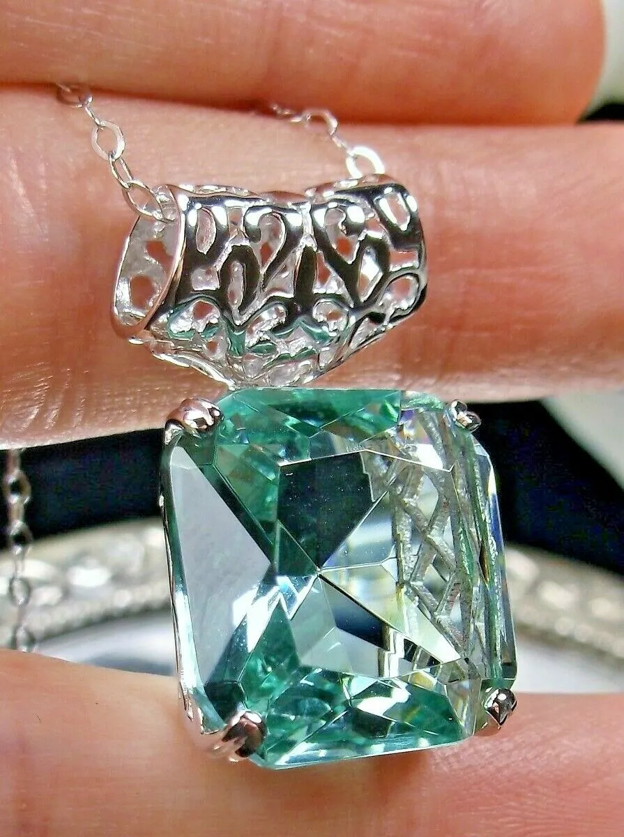 Aquamarine Pendant, Square Gem, Sterling Silver Art Deco Jewelry #P1