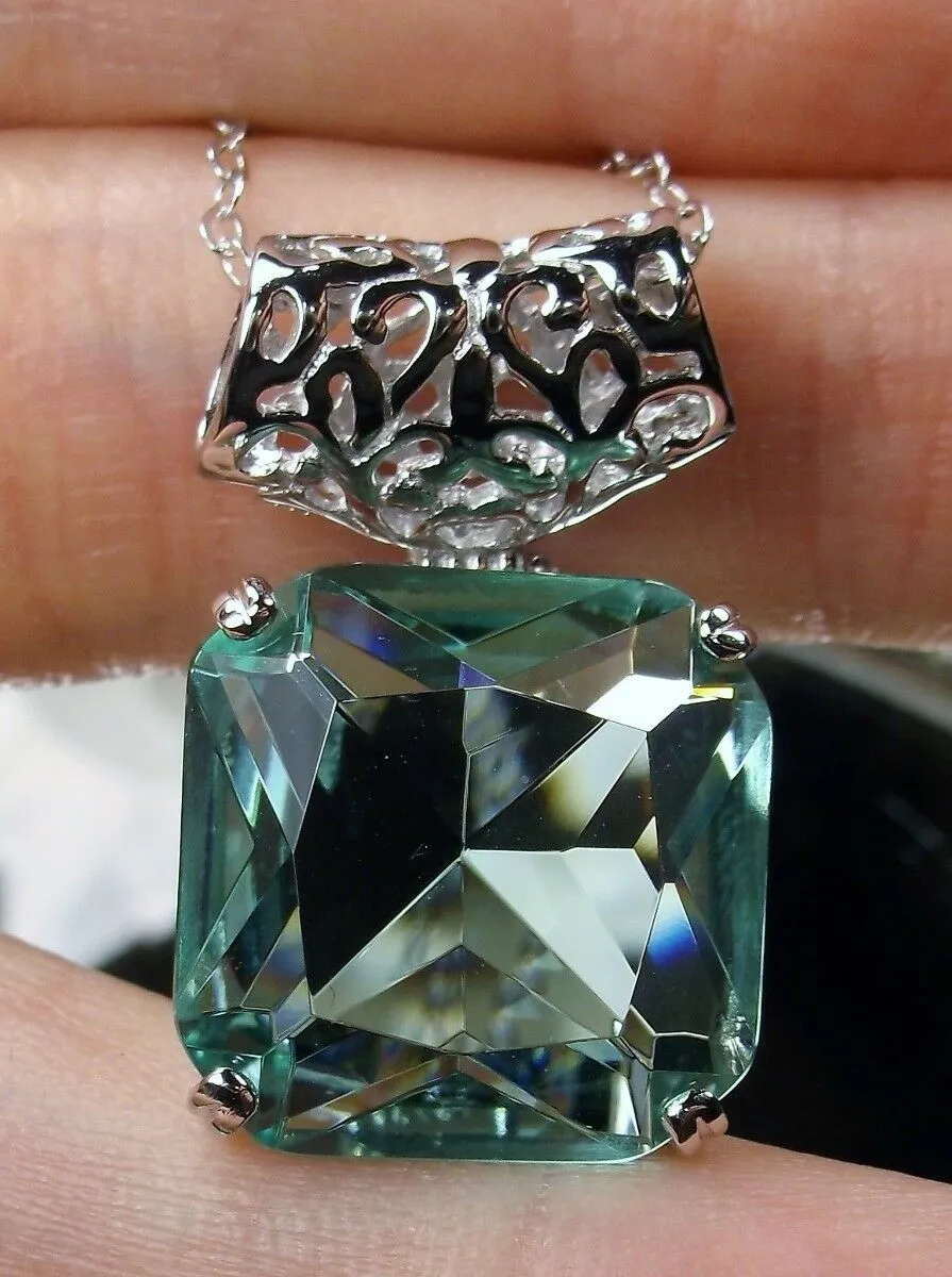 Aquamarine Pendant, Square Gem, Sterling Silver Art Deco Jewelry #P1