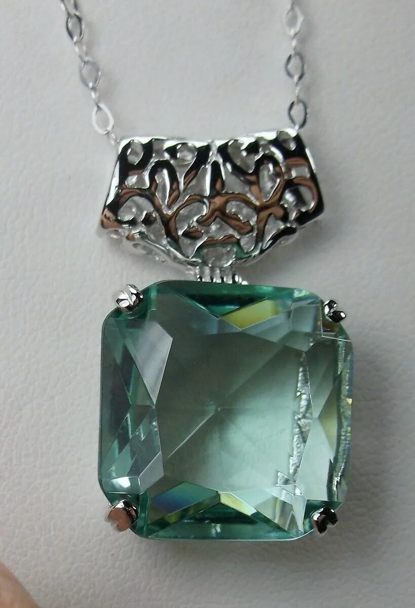 Aquamarine Pendant, Square Gem, Sterling Silver Art Deco Jewelry #P1