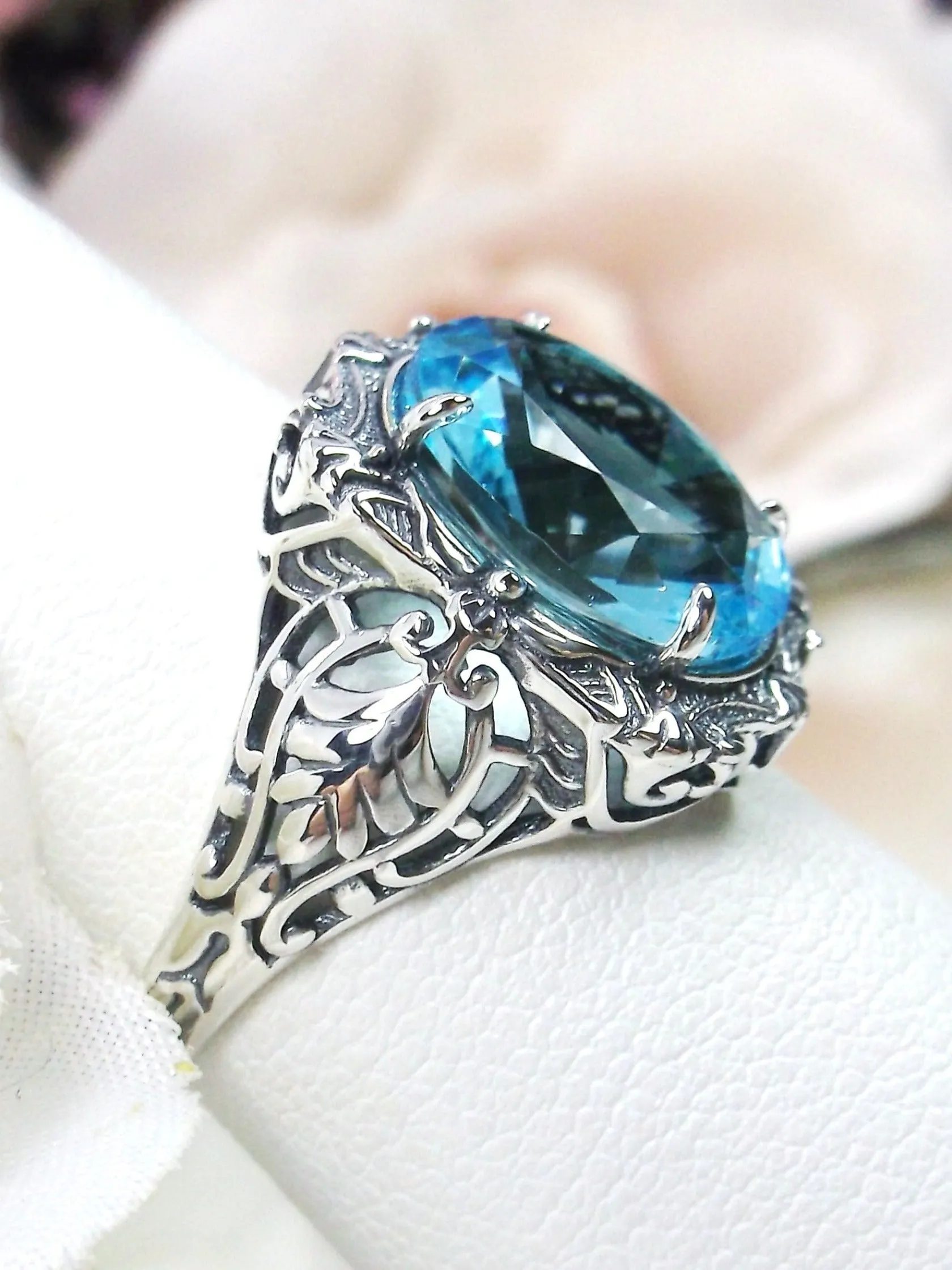 Aquamarine Ring, Size 8, Oval Art Nouveau Style, Vintage Sterling Silver Filigree Ring, Beauty Ring, D229- Ready to Ship