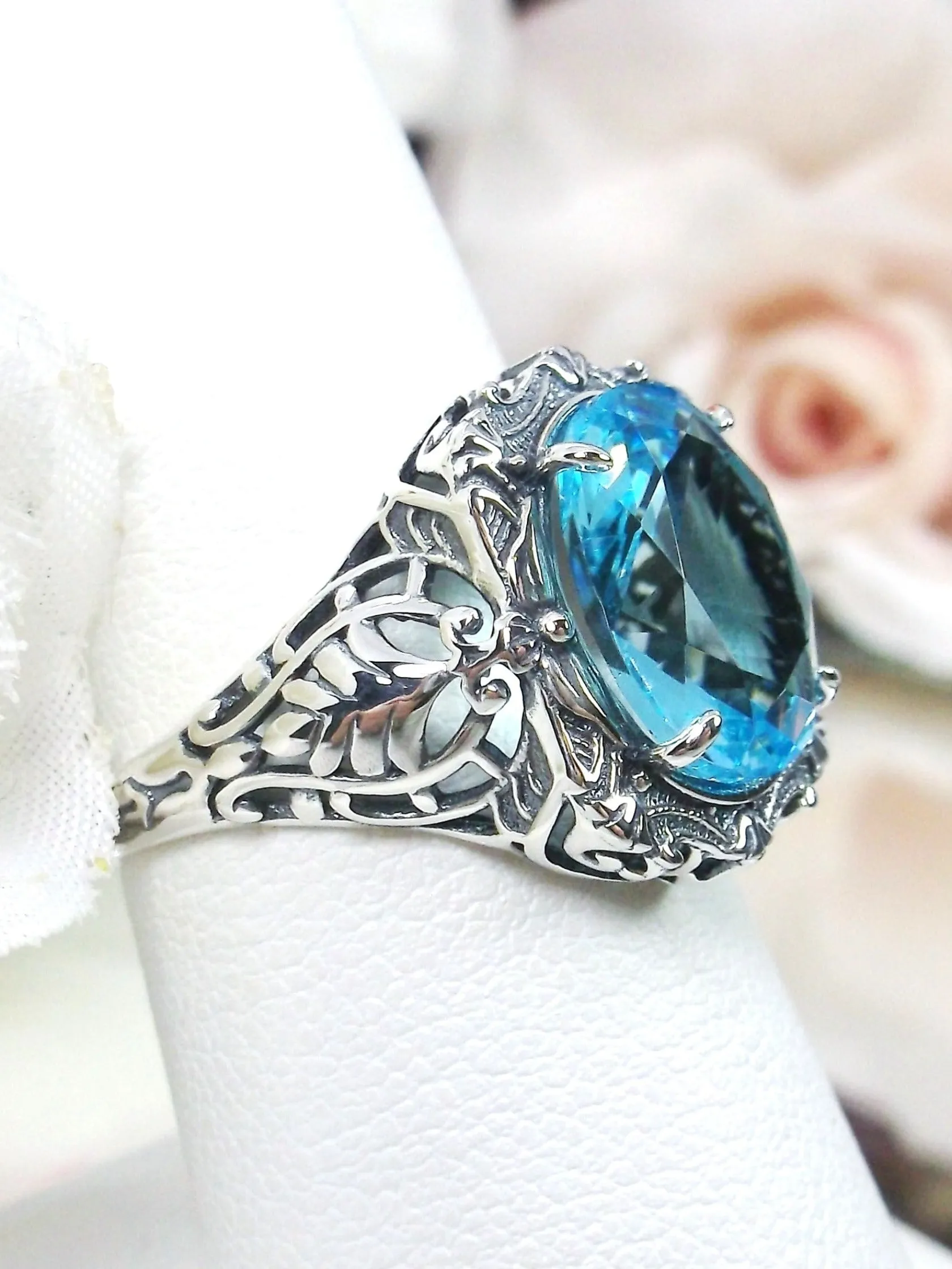 Aquamarine Ring, Size 8, Oval Art Nouveau Style, Vintage Sterling Silver Filigree Ring, Beauty Ring, D229- Ready to Ship