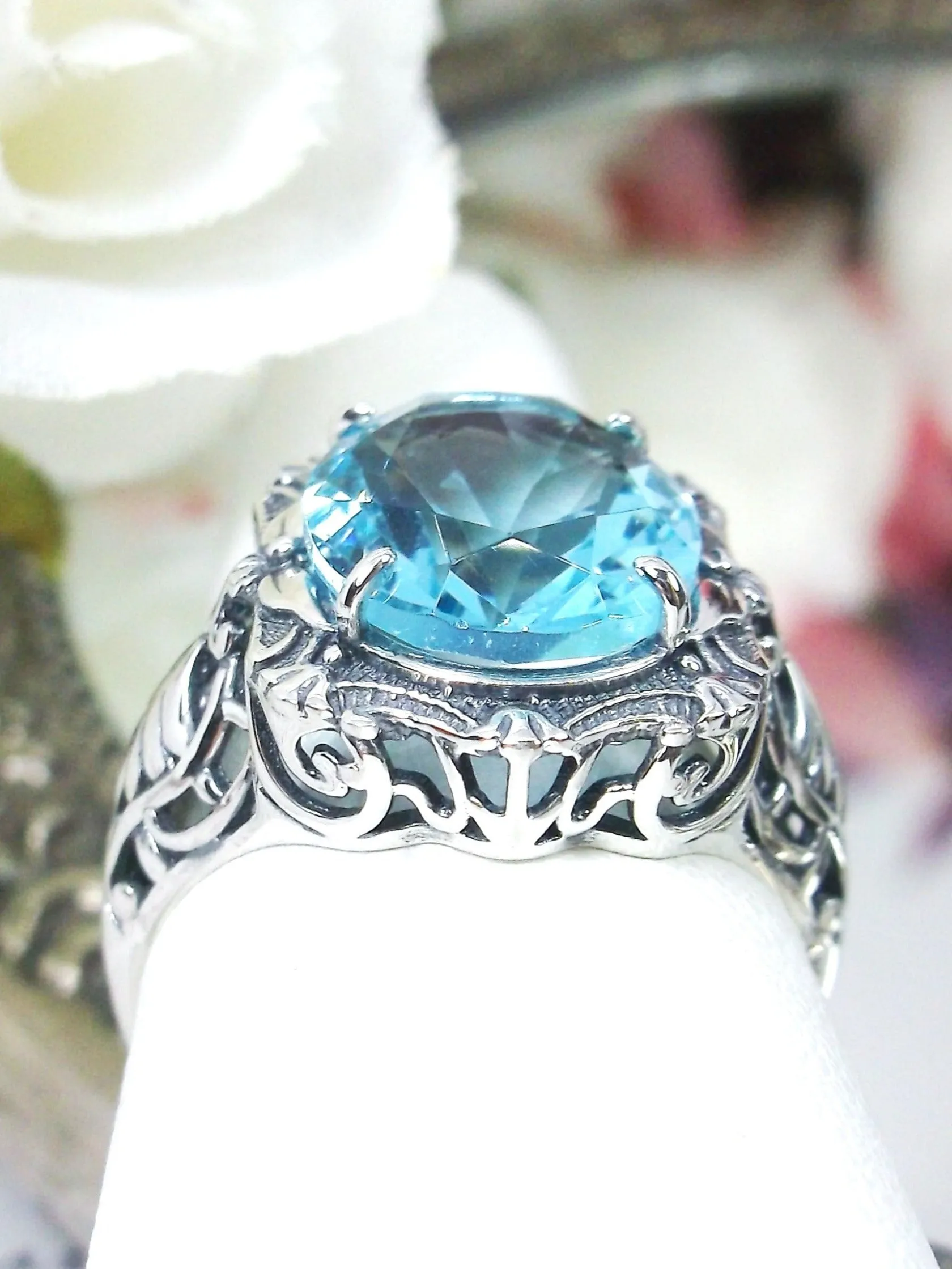 Aquamarine Ring, Size 8, Oval Art Nouveau Style, Vintage Sterling Silver Filigree Ring, Beauty Ring, D229- Ready to Ship