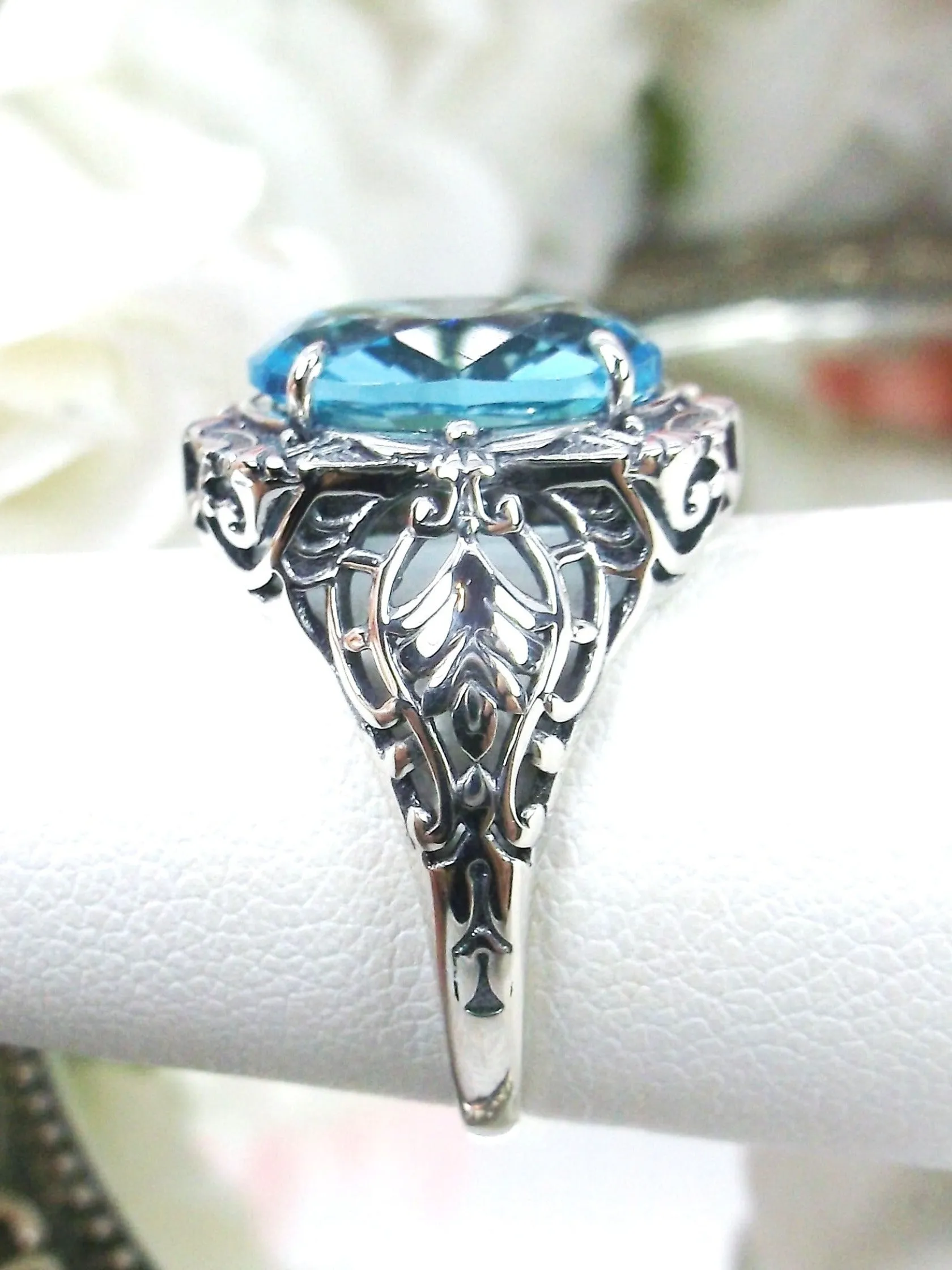 Aquamarine Ring, Size 8, Oval Art Nouveau Style, Vintage Sterling Silver Filigree Ring, Beauty Ring, D229- Ready to Ship