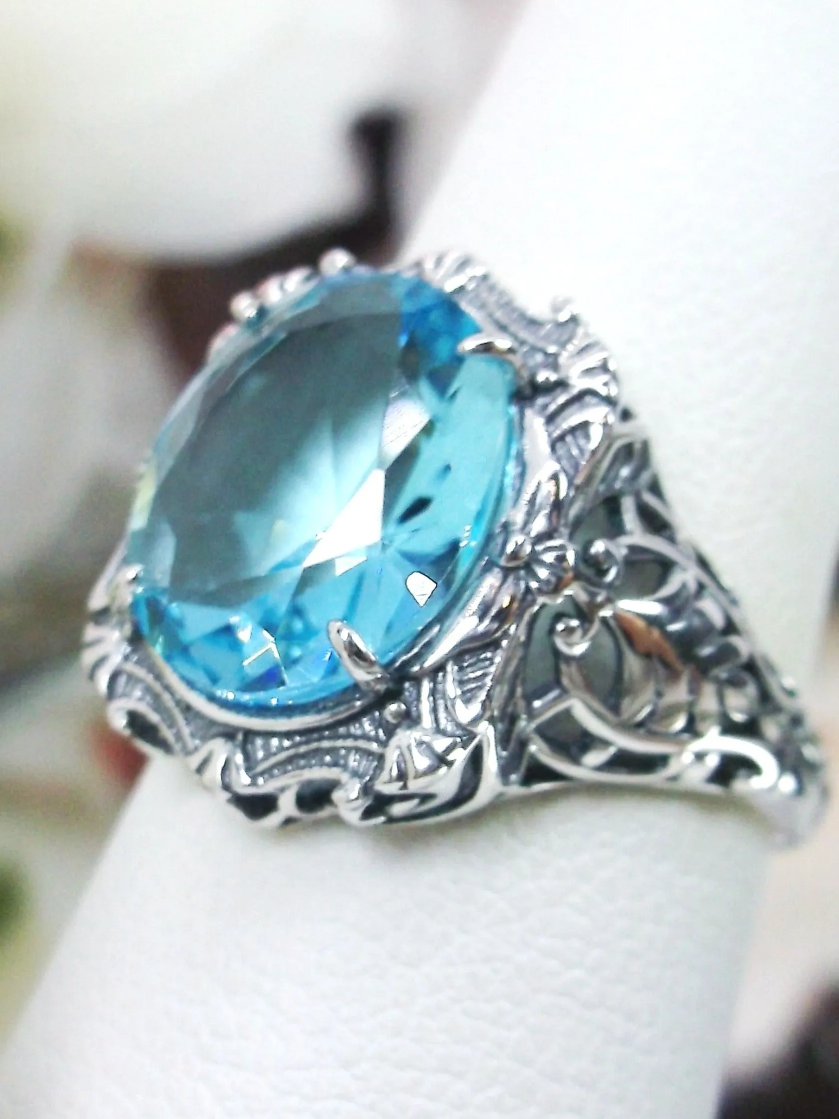 Aquamarine Ring, Size 8, Oval Art Nouveau Style, Vintage Sterling Silver Filigree Ring, Beauty Ring, D229- Ready to Ship