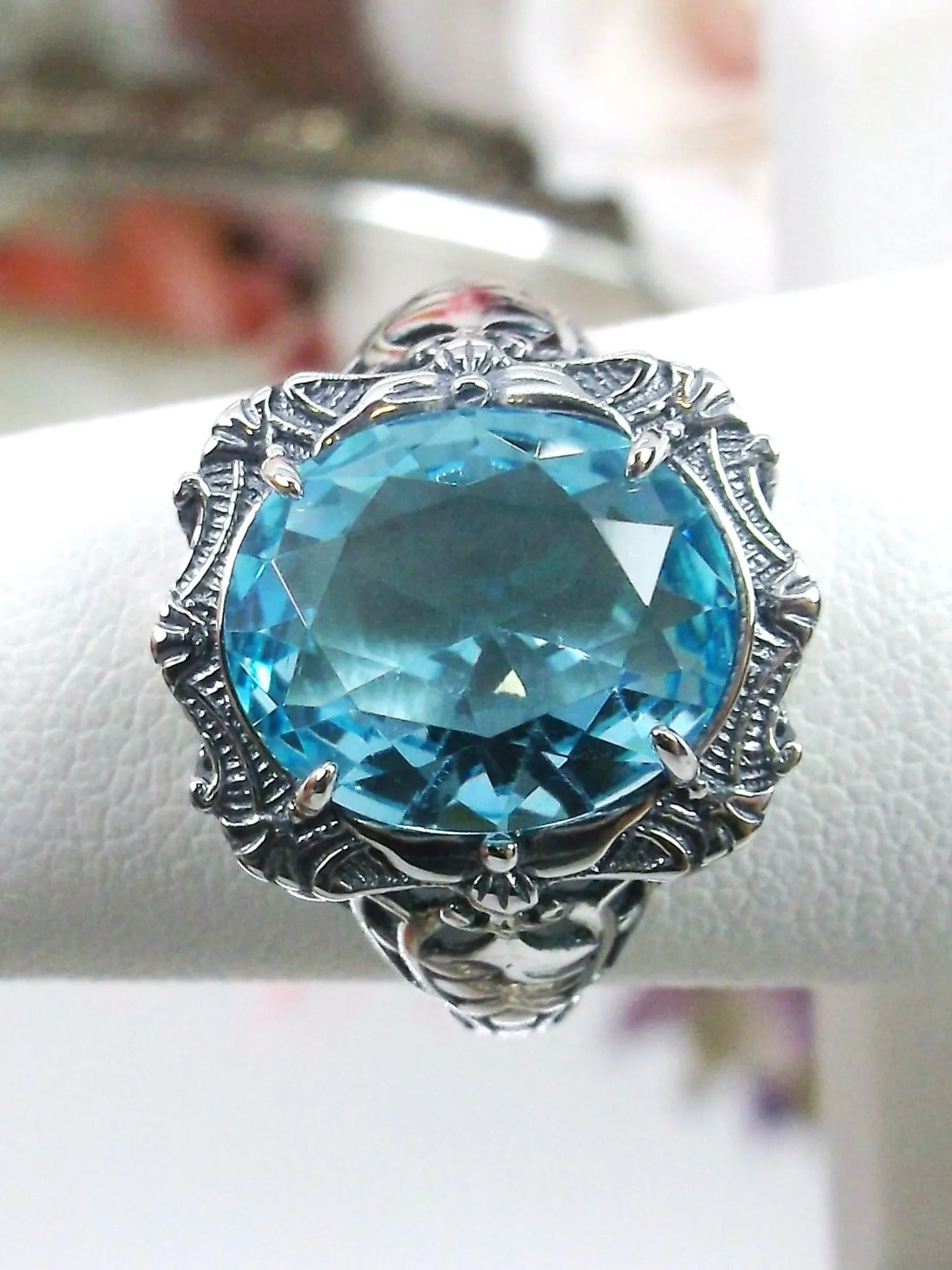 Aquamarine Ring, Size 8, Oval Art Nouveau Style, Vintage Sterling Silver Filigree Ring, Beauty Ring, D229- Ready to Ship