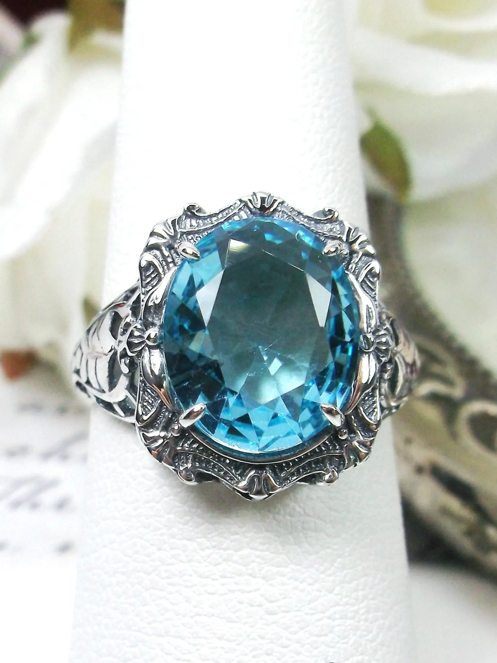 Aquamarine Ring, Size 8, Oval Art Nouveau Style, Vintage Sterling Silver Filigree Ring, Beauty Ring, D229- Ready to Ship