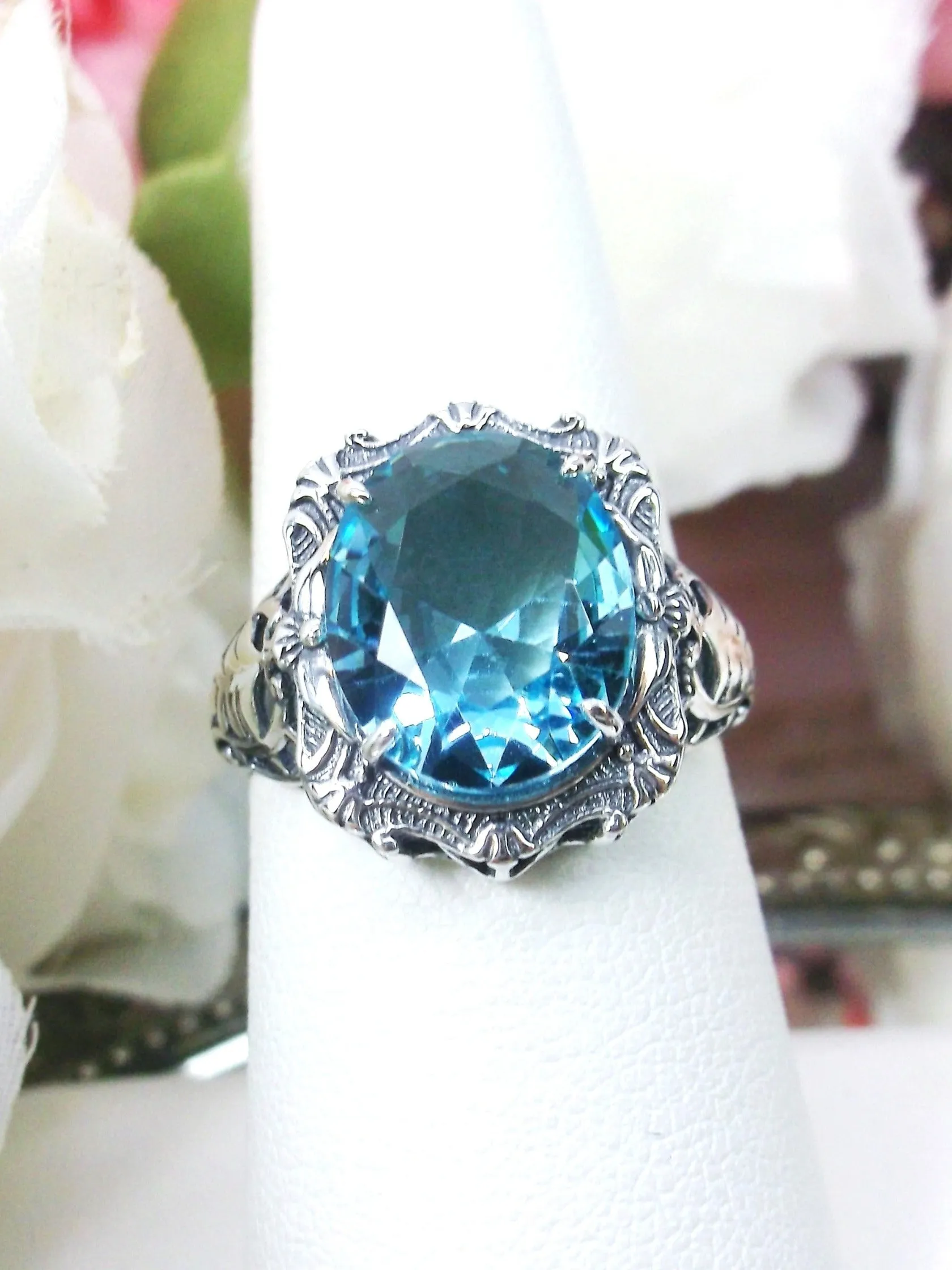 Aquamarine Ring, Size 8, Oval Art Nouveau Style, Vintage Sterling Silver Filigree Ring, Beauty Ring, D229- Ready to Ship