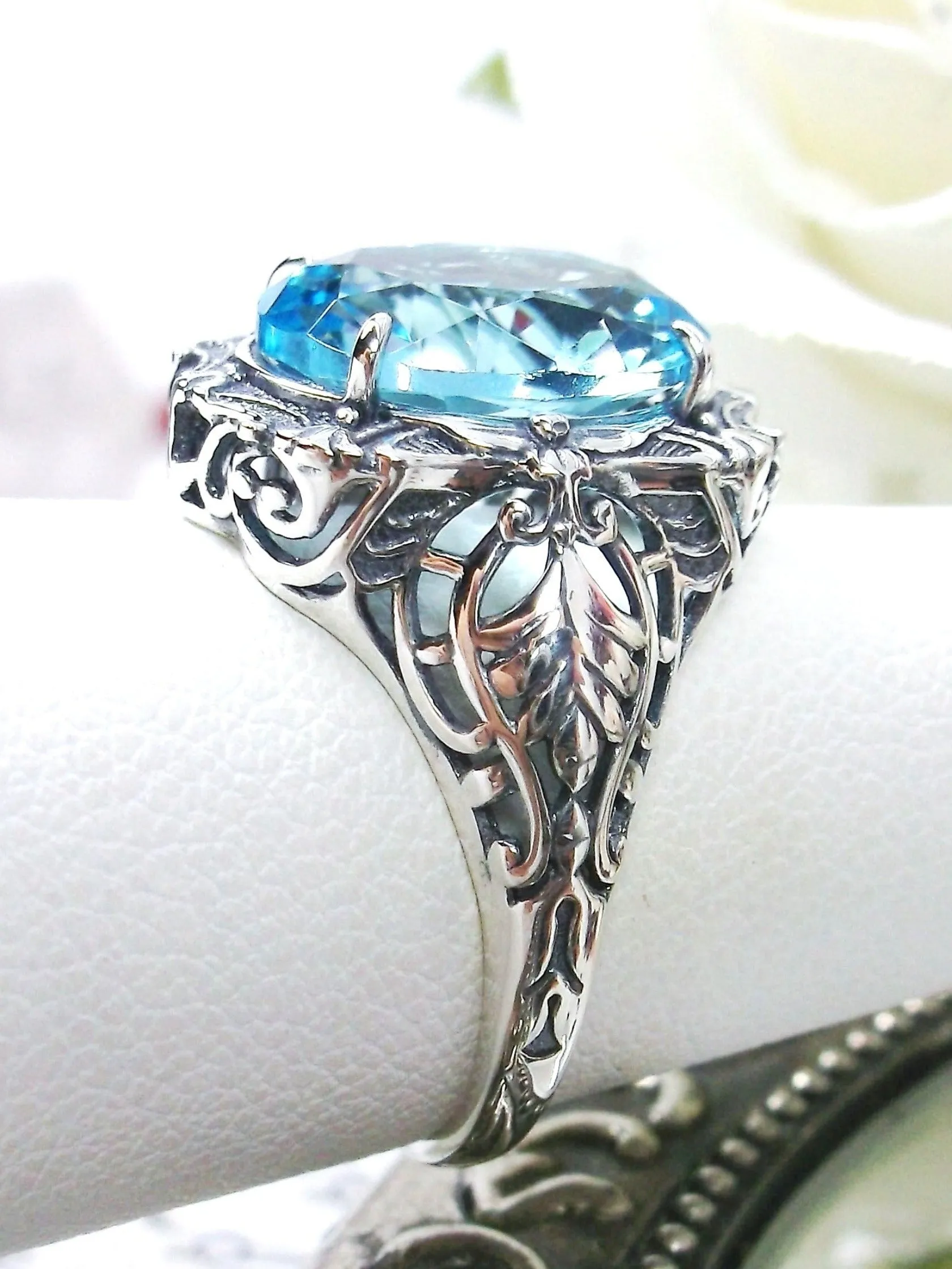 Aquamarine Ring, Size 8, Oval Art Nouveau Style, Vintage Sterling Silver Filigree Ring, Beauty Ring, D229- Ready to Ship