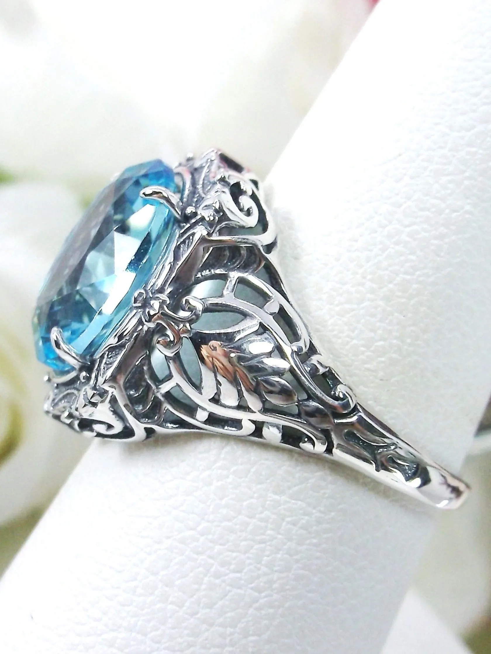 Aquamarine Ring, Size 8, Oval Art Nouveau Style, Vintage Sterling Silver Filigree Ring, Beauty Ring, D229- Ready to Ship