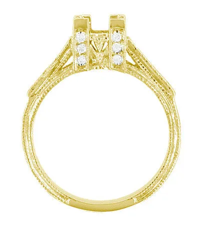 Art Deco 1 to 1.30 Carat Princess Cut Diamond 18 Karat Yellow Gold Castle Engagement Ring Setting