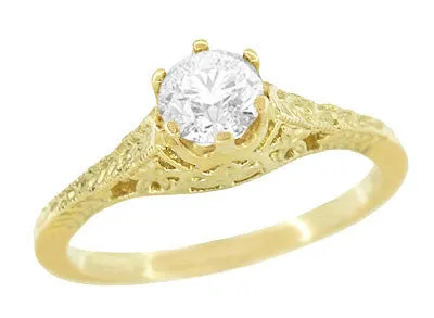 Art Deco 1/2 Carat Crown of Leaves Filigree Solitaire Diamond Engagement Ring in Yellow Gold