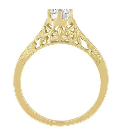 Art Deco 1/2 Carat Crown of Leaves Filigree Solitaire Diamond Engagement Ring in Yellow Gold