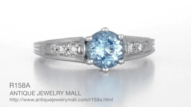 Art Deco Antique Style Filigree Aquamarine and Diamond Engagement Ring in 14 Karat White Gold