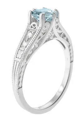 Art Deco Antique Style Filigree Aquamarine and Diamond Engagement Ring in 14 Karat White Gold