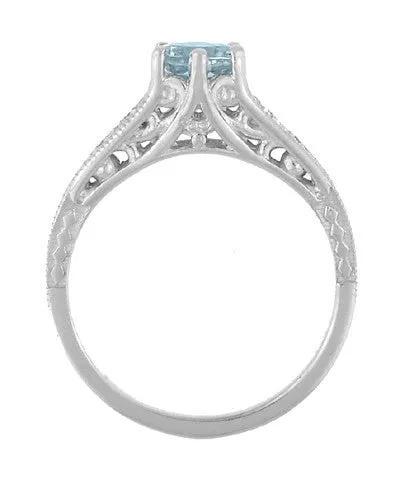 Art Deco Antique Style Filigree Aquamarine and Diamond Engagement Ring in 14 Karat White Gold