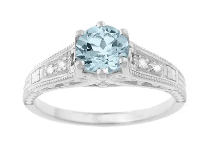 Art Deco Antique Style Filigree Aquamarine and Diamond Engagement Ring in 14 Karat White Gold