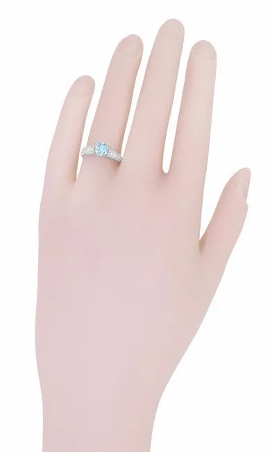 Art Deco Antique Style Filigree Aquamarine and Diamond Engagement Ring in 14 Karat White Gold