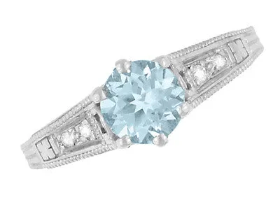 Art Deco Antique Style Filigree Aquamarine and Diamond Engagement Ring in 14 Karat White Gold