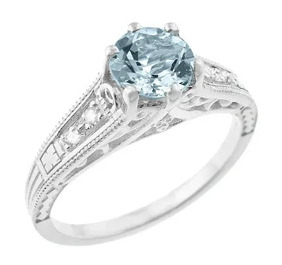 Art Deco Antique Style Filigree Aquamarine and Diamond Engagement Ring in 14 Karat White Gold