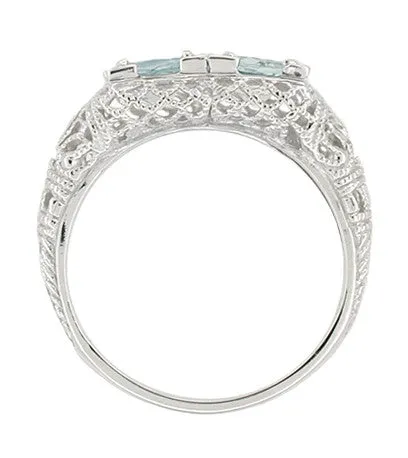 Art Deco Aquamarine Duo Filigree Ring in 14 Karat White Gold