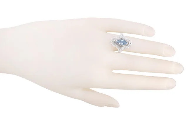 Art Deco Aquamarine Filigree Cocktail Ring in 14 Karat White Gold