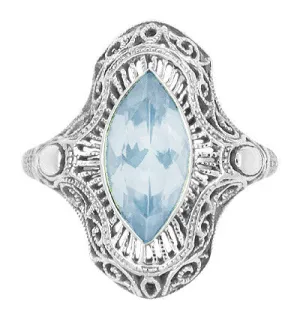 Art Deco Aquamarine Filigree Cocktail Ring in 14 Karat White Gold