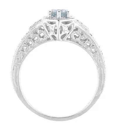 Art Deco Aquamarine Filigree Engraved Engagement Ring in 14 Karat White Gold with Side Diamonds