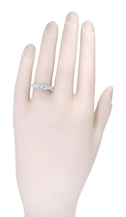 Art Deco Aquamarine Filigree Engraved Engagement Ring in 14 Karat White Gold with Side Diamonds
