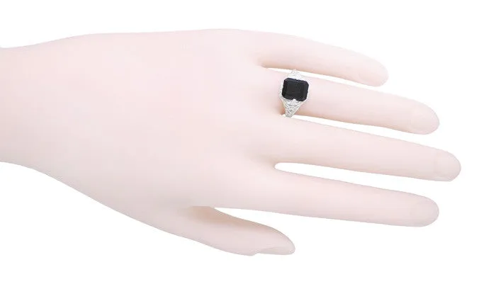 Art Deco Black Onyx Filigree Ring in 14 Karat White Gold