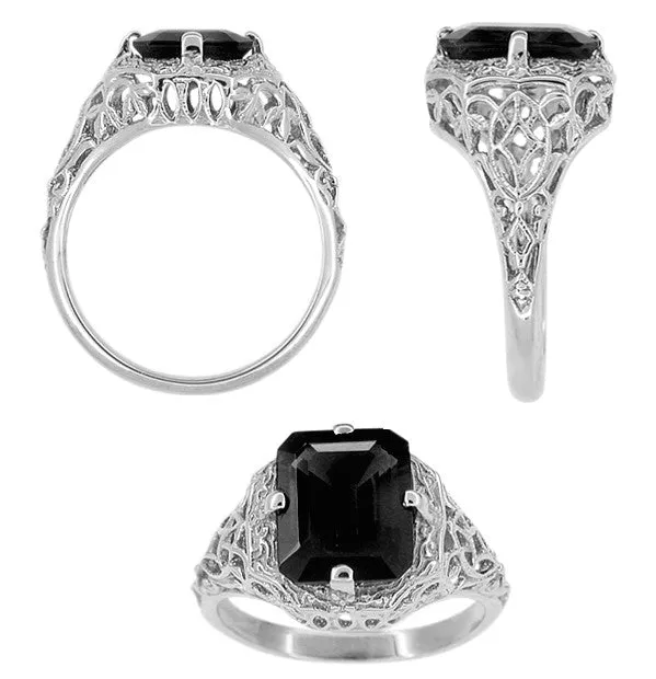Art Deco Black Onyx Filigree Ring in 14 Karat White Gold