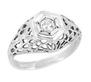 Art Deco Cornfield Domed Filigree Platinum Diamond Engagement Ring 0.20 Carat - 1930's Vintage Style