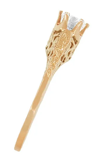 Art Deco Crown of Leaves Vintage Filigree 0.50 Carat Diamond Solitaire Engagement Ring in 14 Karat Rose Gold