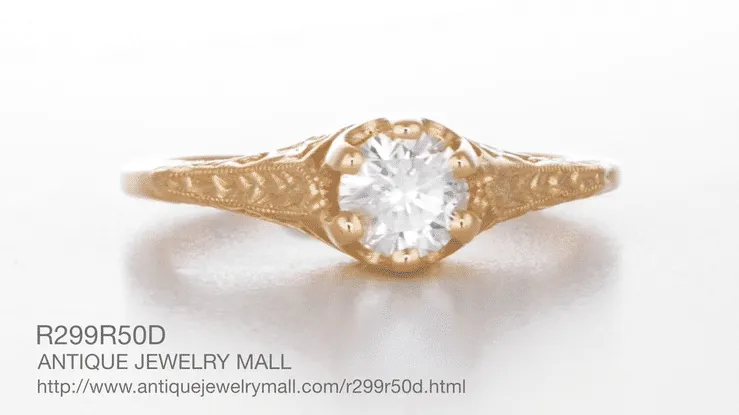 Art Deco Crown of Leaves Vintage Filigree 0.50 Carat Diamond Solitaire Engagement Ring in 14 Karat Rose Gold