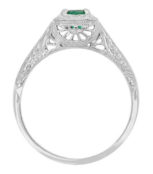 Art Deco Emerald Scrolls Engraved Filigree Engagement Ring in 14 Karat White Gold