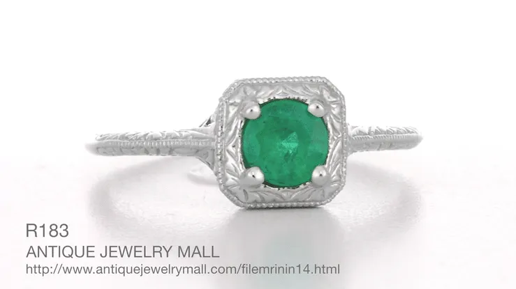 Art Deco Emerald Scrolls Engraved Filigree Engagement Ring in 14 Karat White Gold