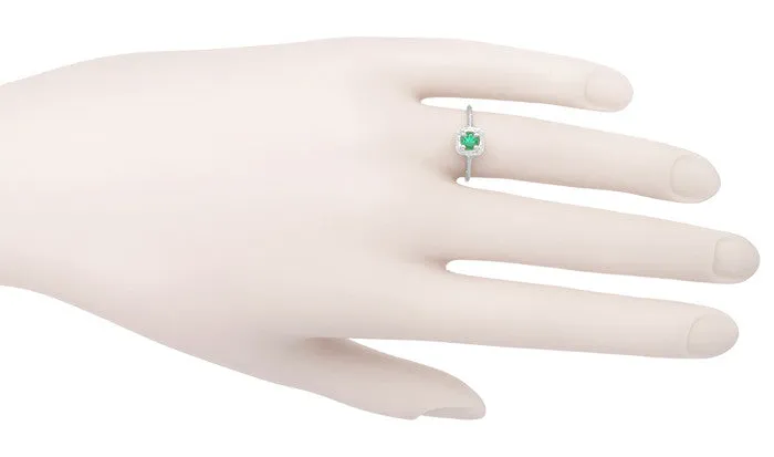 Art Deco Emerald Scrolls Engraved Filigree Engagement Ring in 14 Karat White Gold
