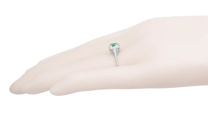 Art Deco Emerald Scrolls Engraved Filigree Engagement Ring in 14 Karat White Gold