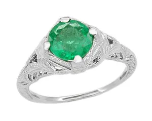 Art Deco Engraved Filigree Emerald Engagement Ring in 14 Karat White Gold