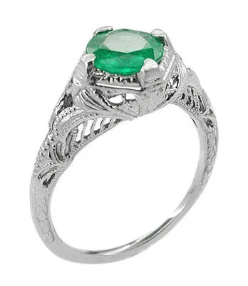 Art Deco Engraved Filigree Emerald Engagement Ring in 14 Karat White Gold